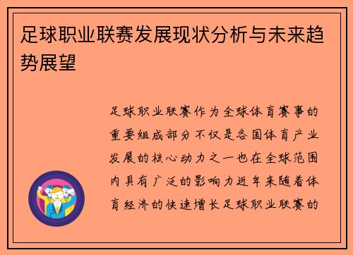 足球职业联赛发展现状分析与未来趋势展望