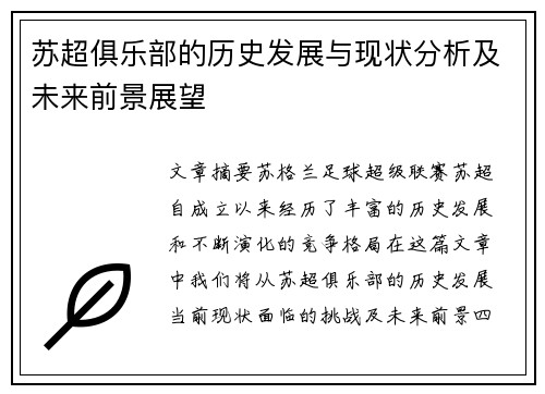 苏超俱乐部的历史发展与现状分析及未来前景展望