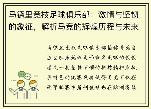 马德里竞技足球俱乐部：激情与坚韧的象征，解析马竞的辉煌历程与未来展望