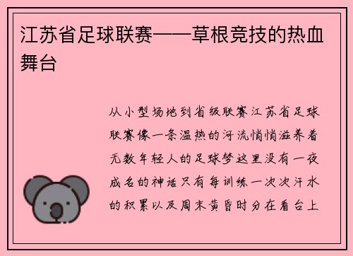 江苏省足球联赛——草根竞技的热血舞台