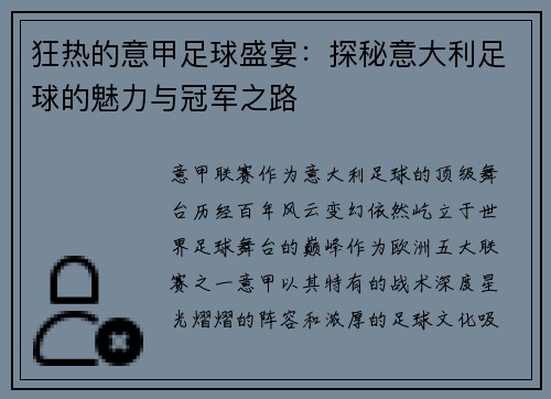 狂热的意甲足球盛宴：探秘意大利足球的魅力与冠军之路