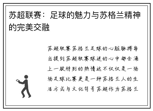 苏超联赛：足球的魅力与苏格兰精神的完美交融