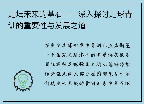 足坛未来的基石——深入探讨足球青训的重要性与发展之道