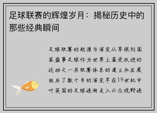 足球联赛的辉煌岁月：揭秘历史中的那些经典瞬间